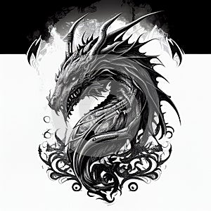 Dragon Tattoo Isolated, tribal wyvern silhouette, Black White Dragon, Abstract Generative AI Illustration