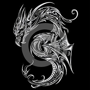 Dragon Tattoo Isolated, tribal wyvern silhouette, Black White Dragon, Abstract Generative AI Illustration