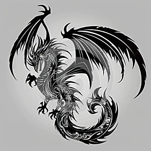 Dragon Tattoo , tribal wyvern silhouette, Black White Dragon, Abstract Generative AI Illustration