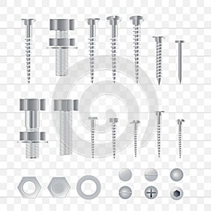 Set of 3d realistic metal screws, stainless steel bolts, nuts, rivets and nails isolated on a transparent background.