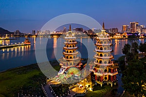 Dragon and Tiger Pagodas famous building in southern Taiwan at night, Aerial view Dragon and Tiger Pagodas, Kaohsiung, Taiwan