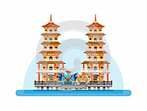 Dragon and Tiger Pagodas in Lotus Lake, Kaohsiung, Taiwan. Famous Temple Landmark Building Flat Cartoon illustration Vector