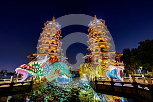 Dragon and Tiger Pagodas at night in Kaohsiung, Taiwan.