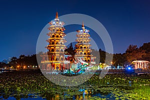 Dragon and Tiger Pagodas at night in Kaohsiung, Taiwan.