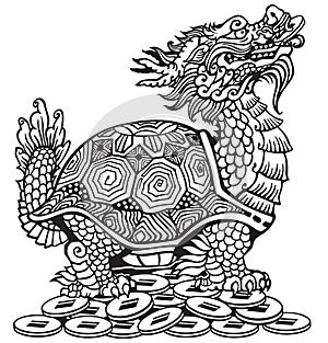 Dragon Turtle sitting on a lot of coins. Black and white