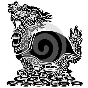 Dragon turtle sitting on a lot of coins. Black and white silhouette