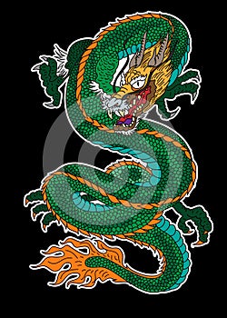 Dragon vector tattoo and illustration design with Sakura branch and flower on background.