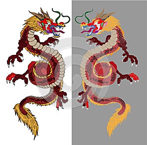 Dragon vector tattoo and illustration design with Sakura branch and flower on background.