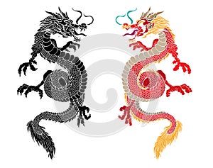 Dragon vector tattoo and illustration design with Sakura branch and flower on background.