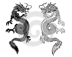 Dragon vector tattoo and illustration design with Sakura branch and flower on background.