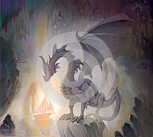 Dragon vision. Oil painting on wood. Dreamful legendary fantastic monster looking at lighting sailboat. Fantasy illustration for