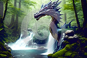 The dragon at waterfall in forest and AI Generated photo