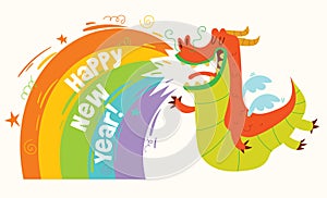 Dragon year. Happy New Year. Dragon spews rainbows