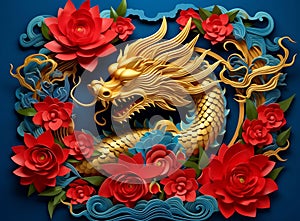 Dragon Zodiac and Flower in Gold Paper Cut Style for Chinese New Year Celebration