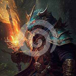 dragonborn warrior wielding a magical blade, fantasy art, AI generation