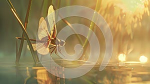 Dragonfly Basking in Sunlit Dew