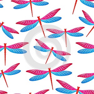Dragonfly beautiful seamless pattern. Spring dress textile print with damselfly insects. Graphic