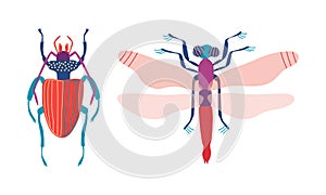 Dragonfly and Beetle Insects as Hexapod Flying Creature with Jointed Legs and Pair of Antennae Vector Set