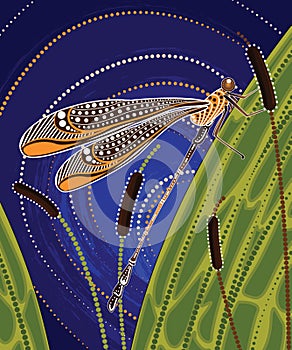 Dragonfly on cattails aboriginal art vector painting