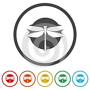 Dragonfly circle logo. Set icons in color circle buttons