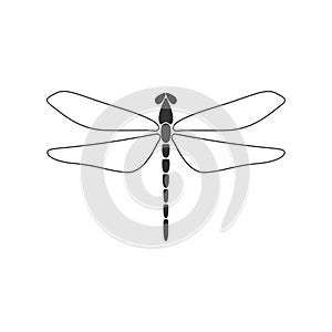 Dragonfly concept. Black dragonfly with linear wings on white background. Flat design. Silhouette icon. Vector illustration