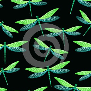 Dragonfly cute seamless pattern. Repeating dress textile print with darning-needle insects. Close