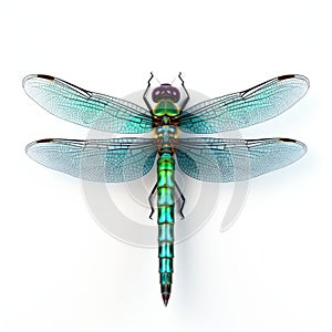 Emerald And Purple Dragonfly: Realistic 3d Rendering On White Background
