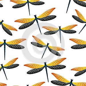 Dragonfly flat seamless pattern. Repeating clothes fabric print with darning-needle insects. Garden photo