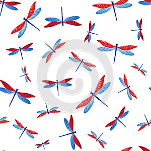 Dragonfly flat seamless pattern. Repeating clothes fabric print with flying adder insects. Flying photo