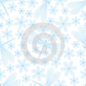 Dragonfly, flowers seamless pattern. Hand drawn doodle. Vector.