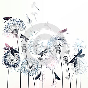 Elegant vector illustration with dandelions and dragonflies photo