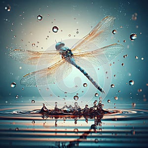 A dragonfly flying over the water.