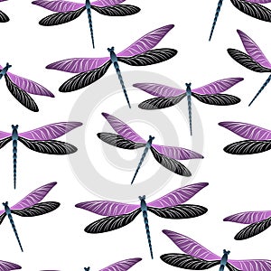 Dragonfly girlish seamless pattern. Summer clothes textile print with flying adder insects. Graphic photo