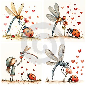 Dragonfly gives a flower of love of Ladybug and Girl, surrounded by cute hearts. Adorable watercolor nursery illustration