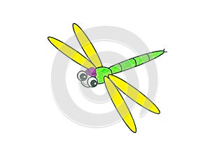 A dragonfly with a green body and yellow wings.