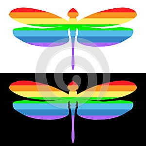 Dragonfly icon. Striped isolated element of rainbow colors on a white and black background. Vector illustration