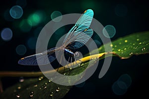 Dragonfly on leaf of plant with drop of 1690445086528 1