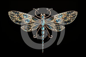 The dragonfly is made of precious metals and stones. Beautiful brooch isolated on black background
