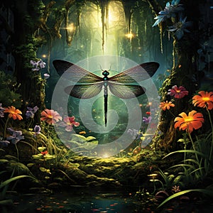 dragonfly in a magical forest, lush. Centered, album art, Generative AI
