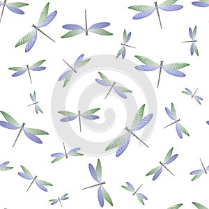 Dragonfly modern seamless pattern. Repeating dress textile print with flying adder insects. Flying photo
