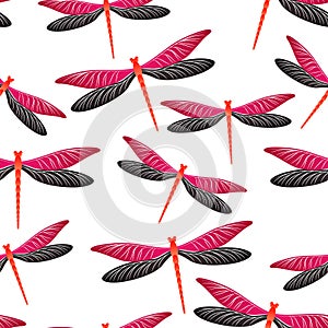 Dragonfly modern seamless pattern. Summer dress textile print with damselfly insects. Garden water