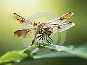 A dragonfly perched on a delicate leaf in the early morning