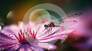 Dragonfly on a pink daisy flower, summer background well lit with morning sun. Generative AI