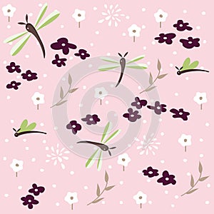 Dragonfly seamless floral pattern