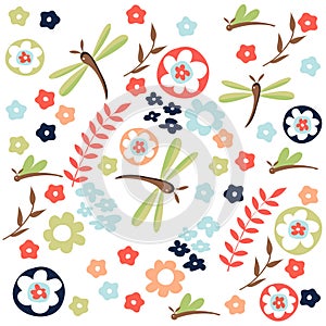 Dragonfly seamless floral pattern