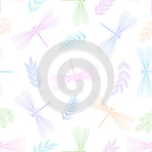 Dragonfly seamless pattern with floral elements. Line style. Hand drawn