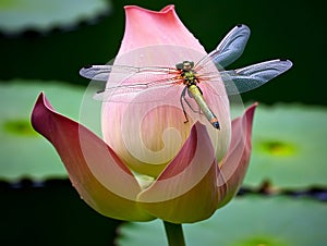 Dragonfly on a Summer's Serene Lotus Bud