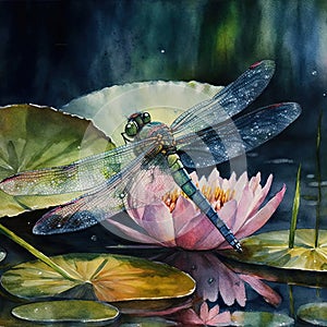 Dragonfly on water lily and lotus flower. Watercolor painting