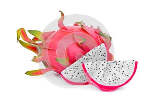 Dragonfruit with slices on white photo