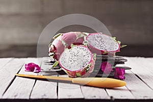 Dragonfruit on white washed wood planks